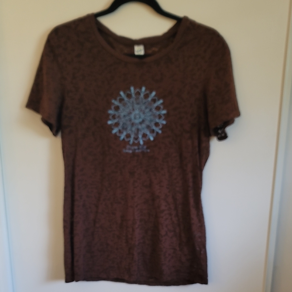 Kavio Brown Short Sleeve Tee with Intricate Burnout Design